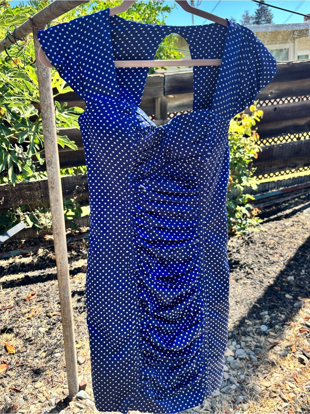 Guess Royal Blue Polka Dot Ruched Midi Dress - Picture 3 of 4